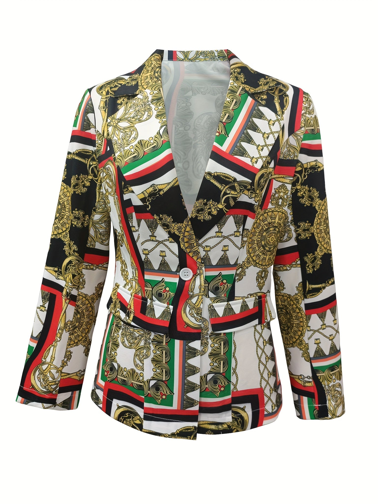 Chain Print Lapel Blazer Casual One Button Long Sleeve Outerwear