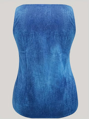 Denim Print Tank Top, Sleeveless Casual Summer Women's Clothing