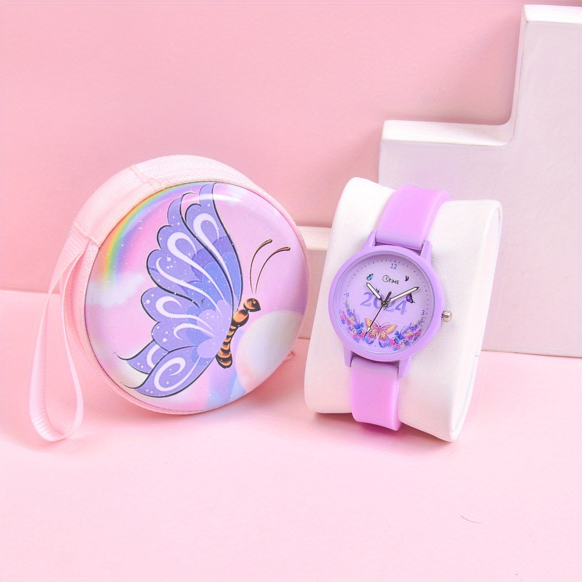 Girls' Butterfly Strap Watch Set with Coin Purse
