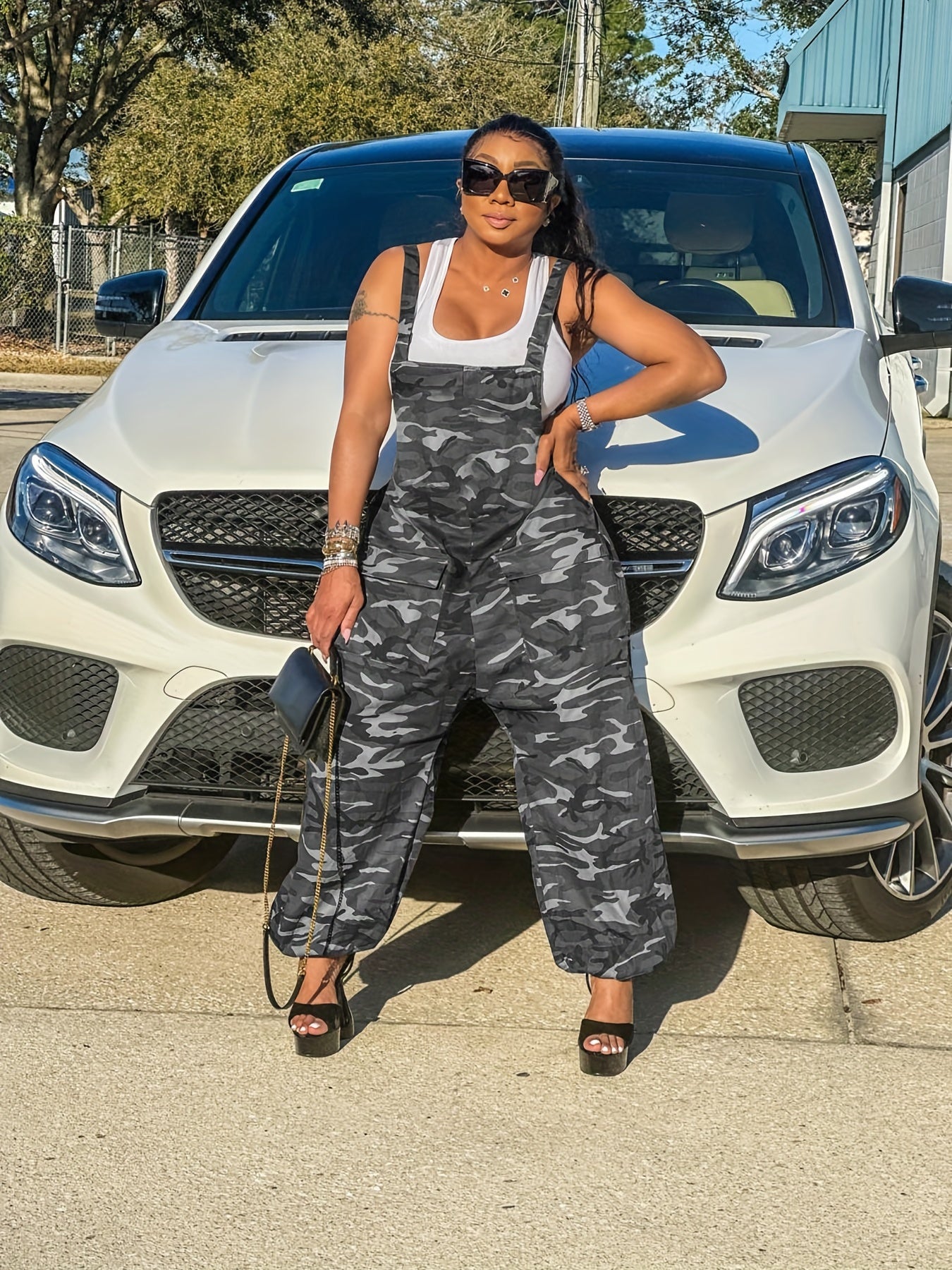 Y2K Camo Print Cami Cargo Jumpsuit Sleeveless Backless Summer Pockets