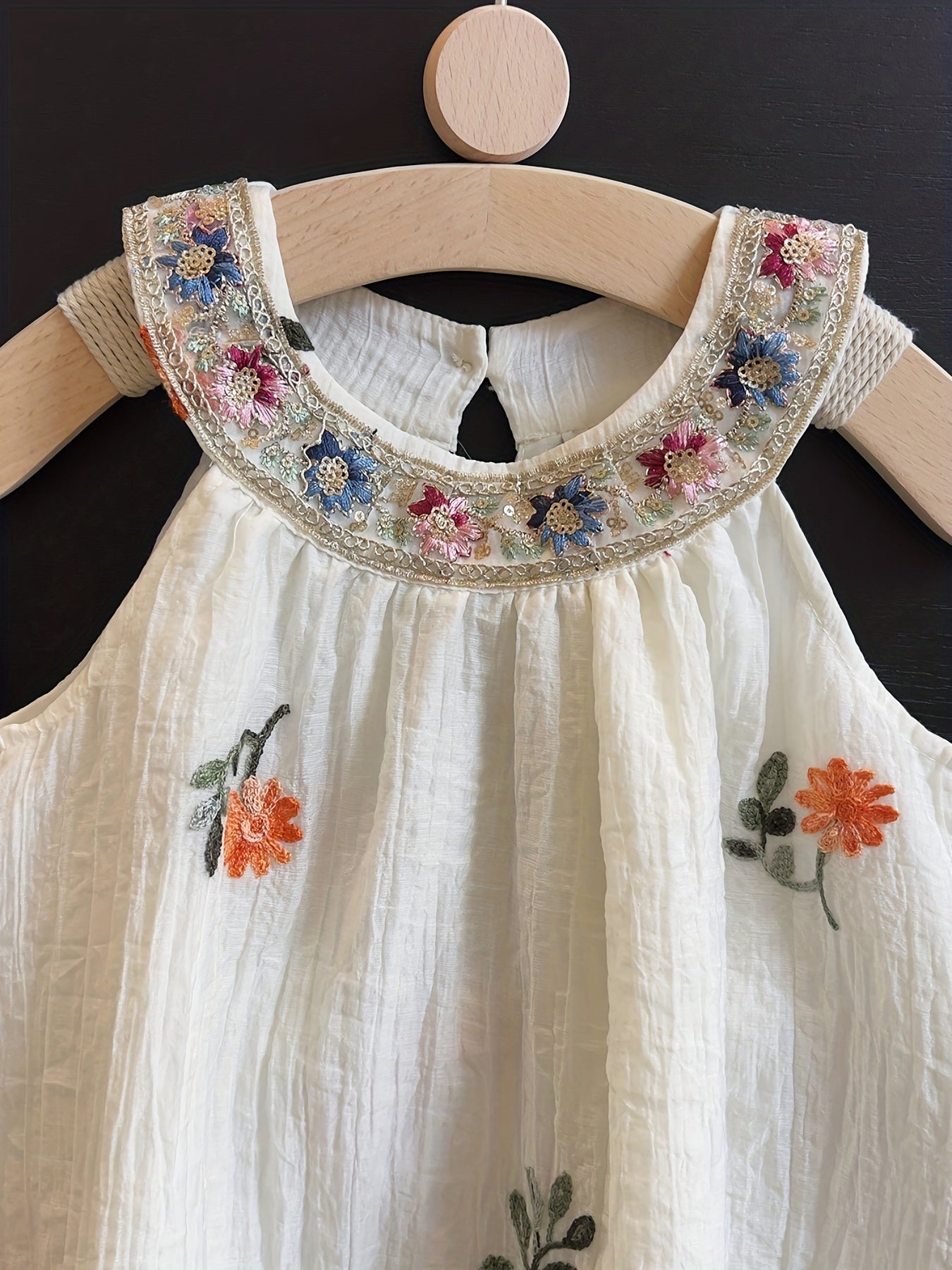 Floral Embroidered Linen Halter Dress For Girls