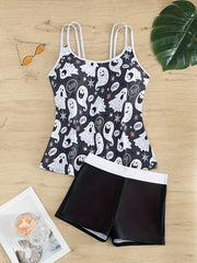 Ghost Print Tankini Set - Women's Plus Halloween Tank Top & Shorts