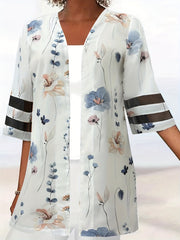 Floral Print Half Sleeve Jacket Casual Open Front Crew Neck Outerwear