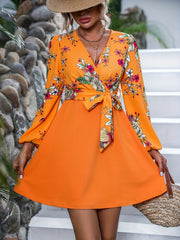 Floral Print Surplice Neck Dress Lantern Sleeve Dress