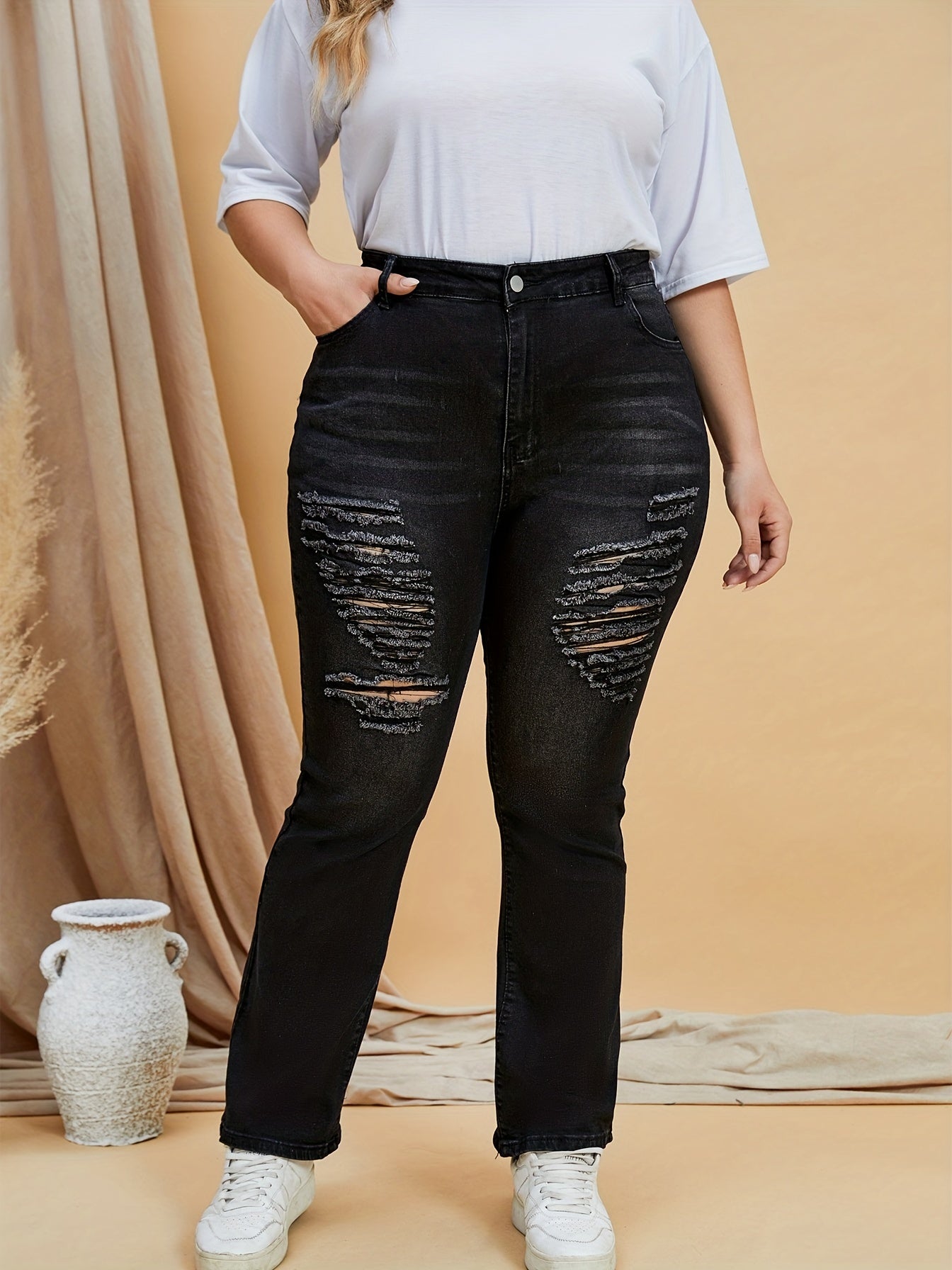 Plus Solid Ripped High Rise Button Fly High Stretch Flared Leg Jeans