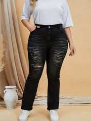 Plus Solid Ripped High Rise Button Fly High Stretch Flared Leg Jeans