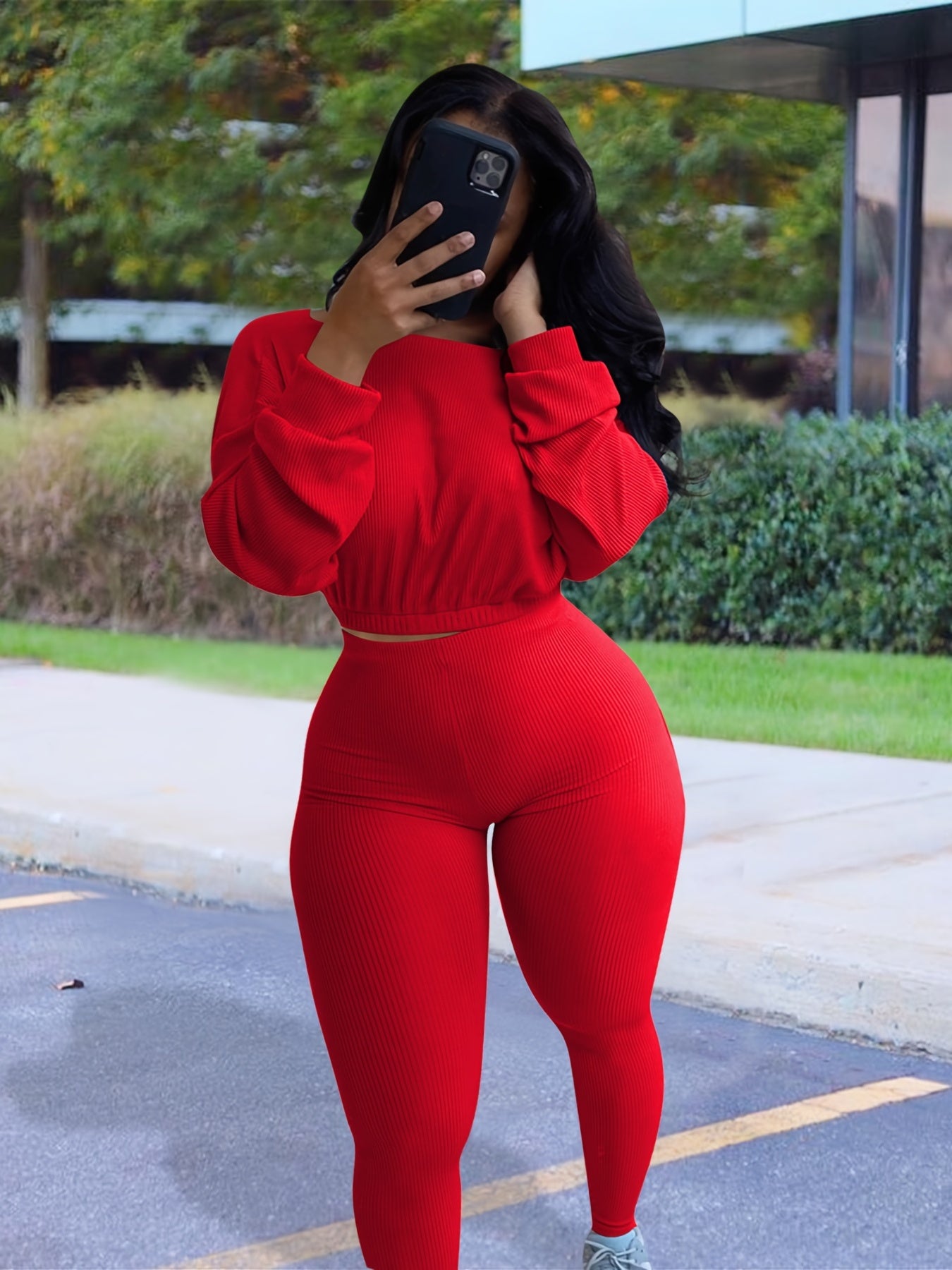 Ribbed Two piece Set Crop Top & High Waist Pants Outfits Women's Clothing