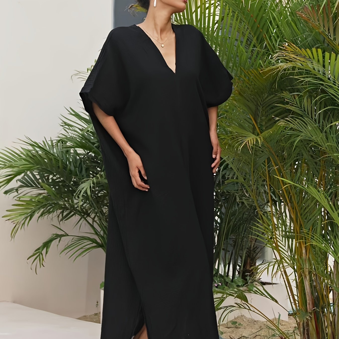 Solid Batwing V Neck Kaftan Cover Up Dress
