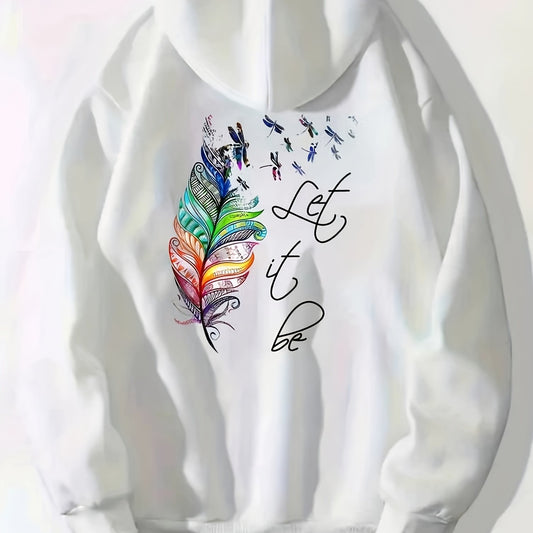 Feather Print Zip Up Hoodie Casual Hooded Sweatshirt