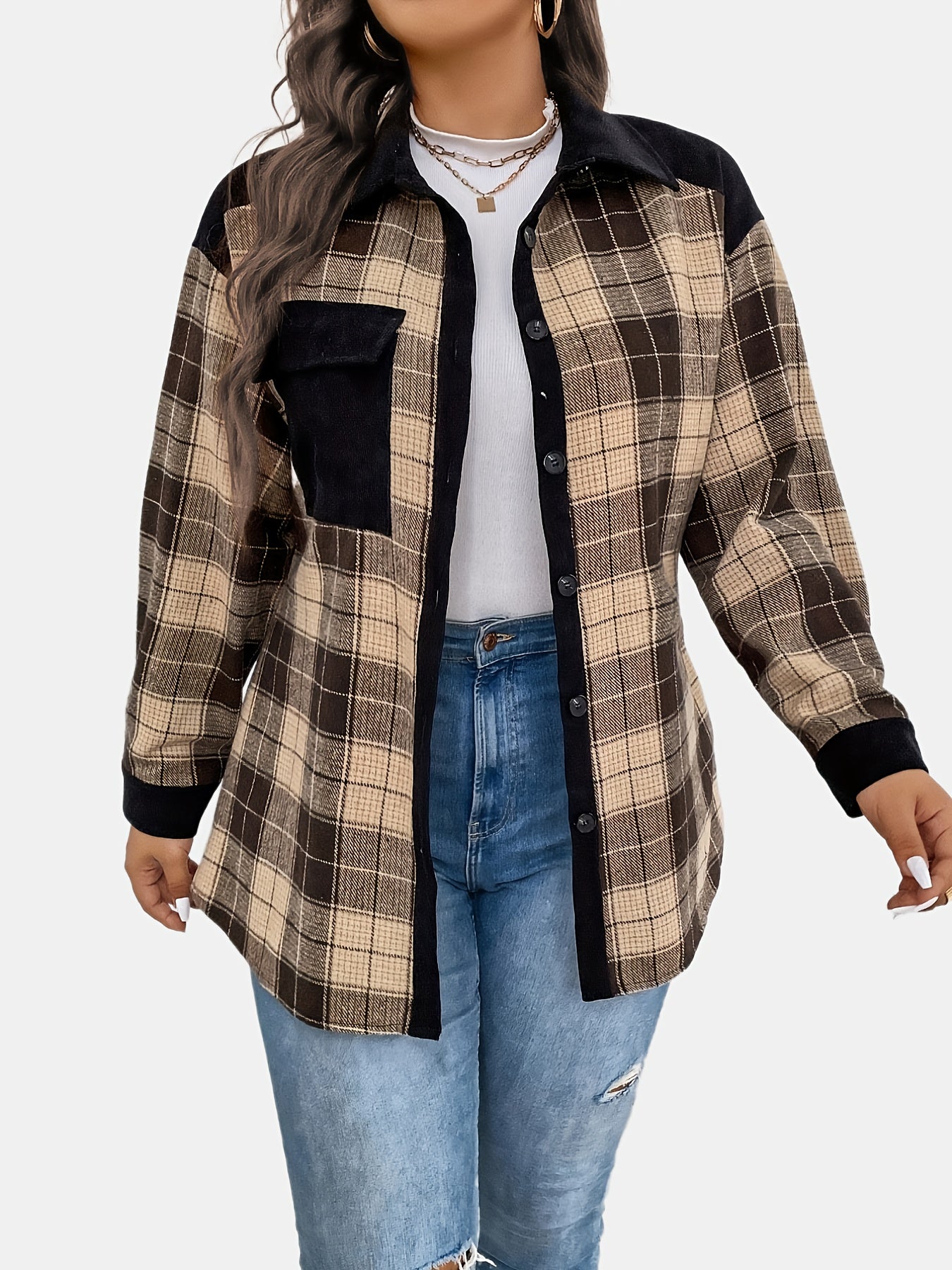 Colorblock Plaid Print Button Up Long Sleeve Shirt Coat