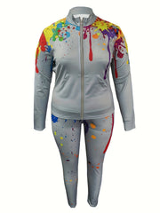 Women's Plus Splash Print Zip Up Top & Leggings 2PC Set