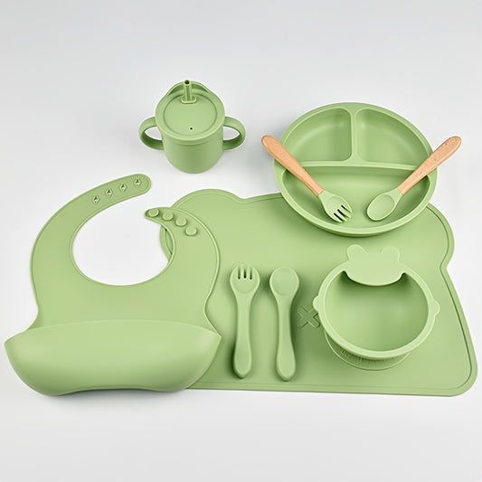9pcs Kids Tableware Set Silicone Divided Plate Fork Spoon Cartoon Table Mat