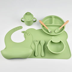 9pcs Kids Tableware Set Silicone Divided Plate Fork Spoon Cartoon Table Mat
