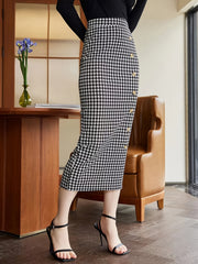 Houndstooth Button One Step Skirt Skinny Maxi Back Split