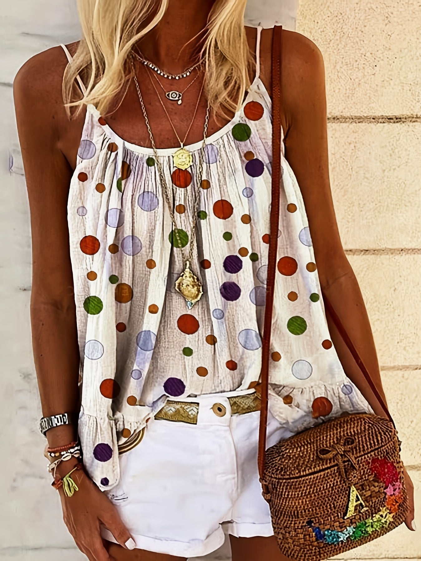 Polka Dot Cami Top Sleeveless Crew Neck Spaghetti Strap