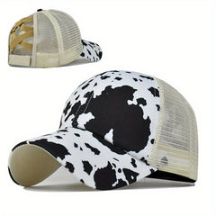 Boho Daisy Cow Print Ponytail Trucker Hat Mesh Baseball Cap