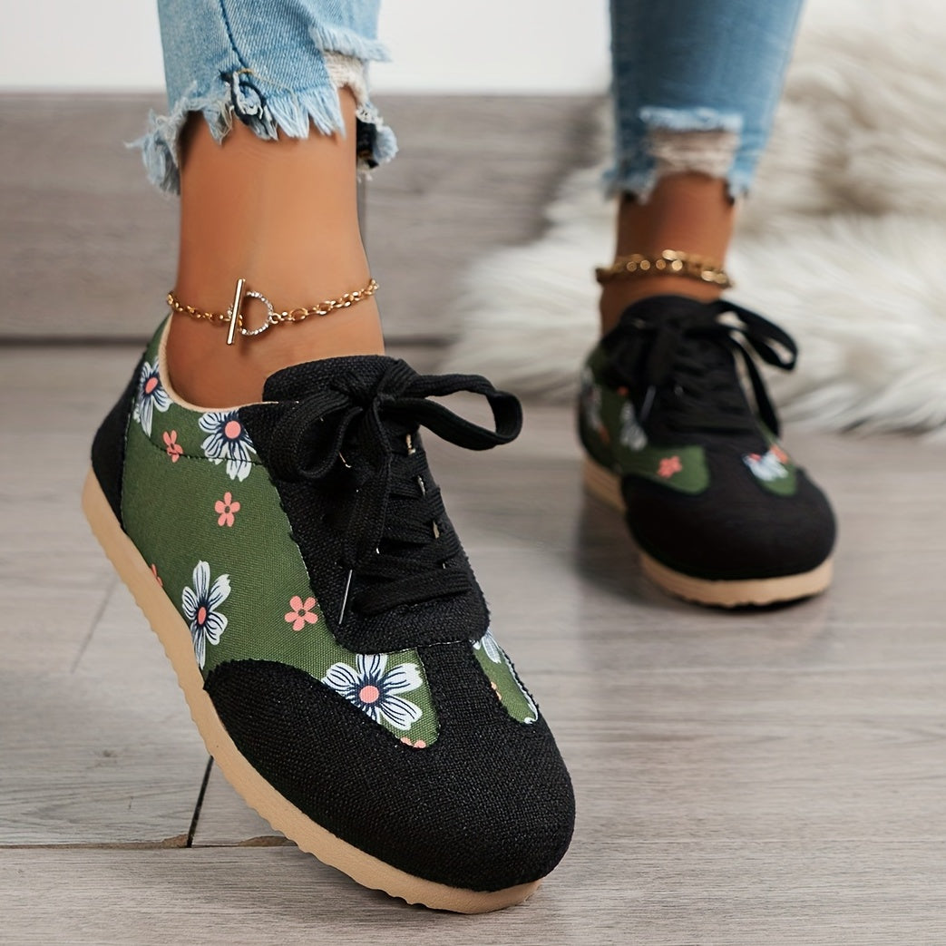 Women's Lace Up Flower Pattern Sneakers Lightweight Low Top Shoes