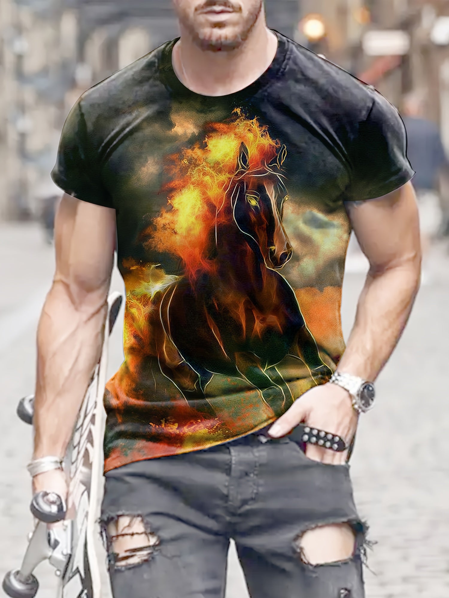 Horse 3D Pattern Print Men's Short Sleeve T-shirt Graphic Tee