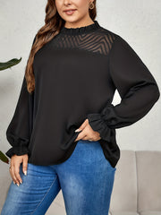 Plus Size Casual Blouse Women's Plus Solid Contrast Mesh Flounce Sleeve