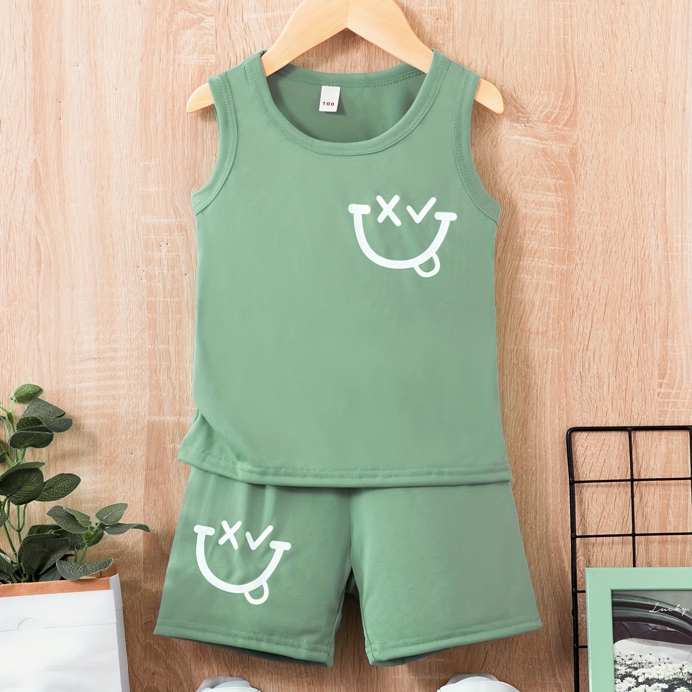 Boy's 2pcs Tank Top & Shorts Set, Happy Face Print, Casual Outfit
