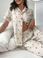 Cherry Print Pajama Set Short Sleeve Women's Sleepwear & Loungewear