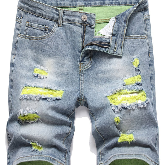 Yellow Green Mid Stretch Denim Shorts Men's Casual Street Style