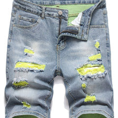 Yellow Green Mid Stretch Denim Shorts Men's Casual Street Style
