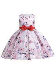 Girls Satin Flower Print Princess Dress Bow Front Evening Dress