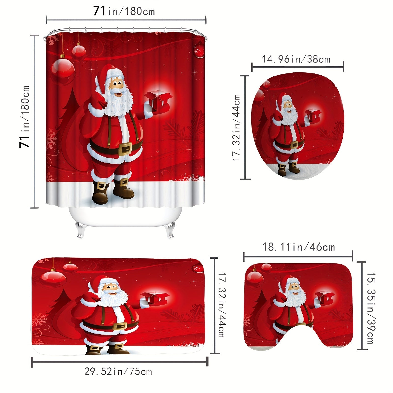 Christmas Shower Curtain Set Winter Santa Claus Tree Snowflake Print