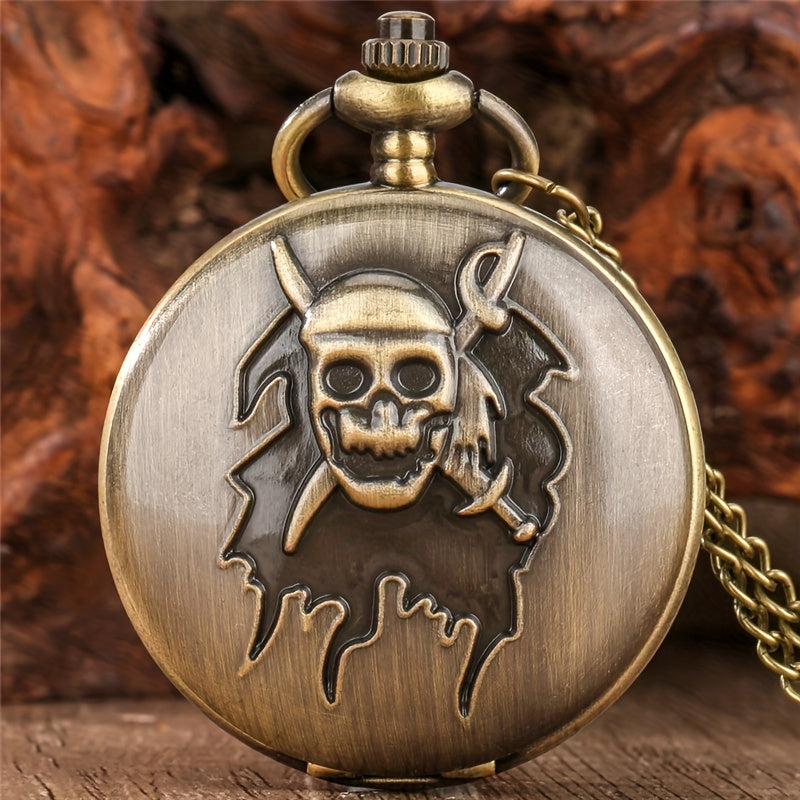 Bronze Skull Pocket Watch Vintage Quartz Movement Halloween Gift