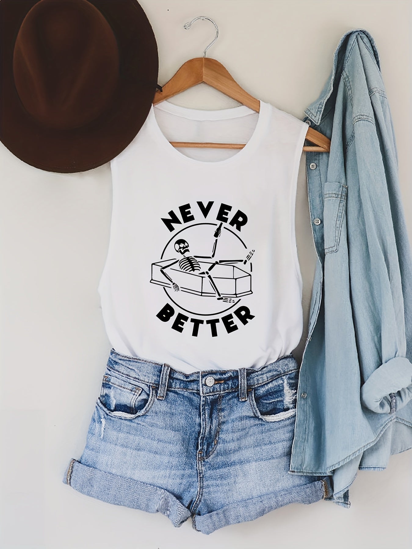 Skeleton & NEVER BETTER Print Tank Top Summer Sleeveless Top