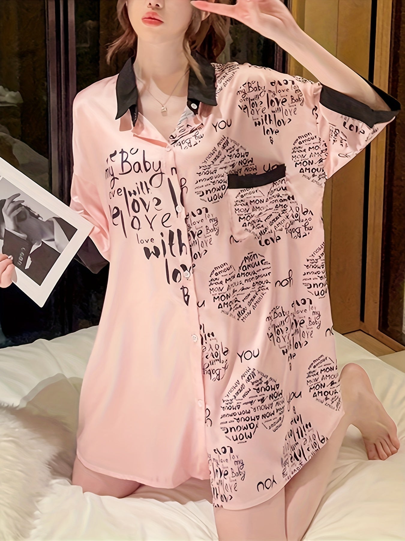 Heart & Letter Print NightDress Short Sleeve Pajama Dress Women's Sleepwear