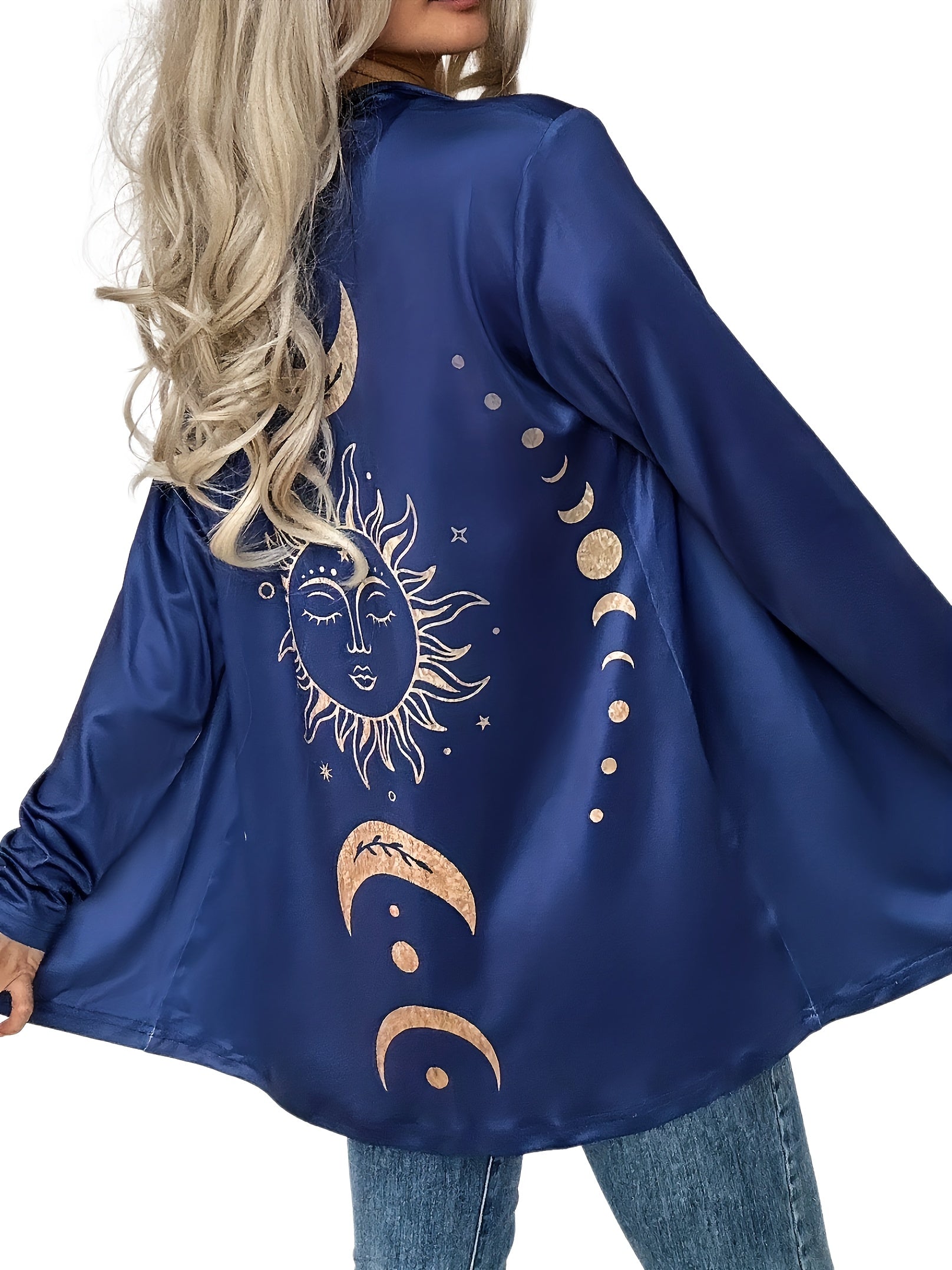 Moon & Sun Print Cardigan Long Sleeve Open Front Casual Stretch