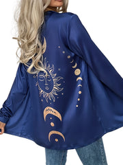 Moon & Sun Print Cardigan Long Sleeve Open Front Casual Stretch