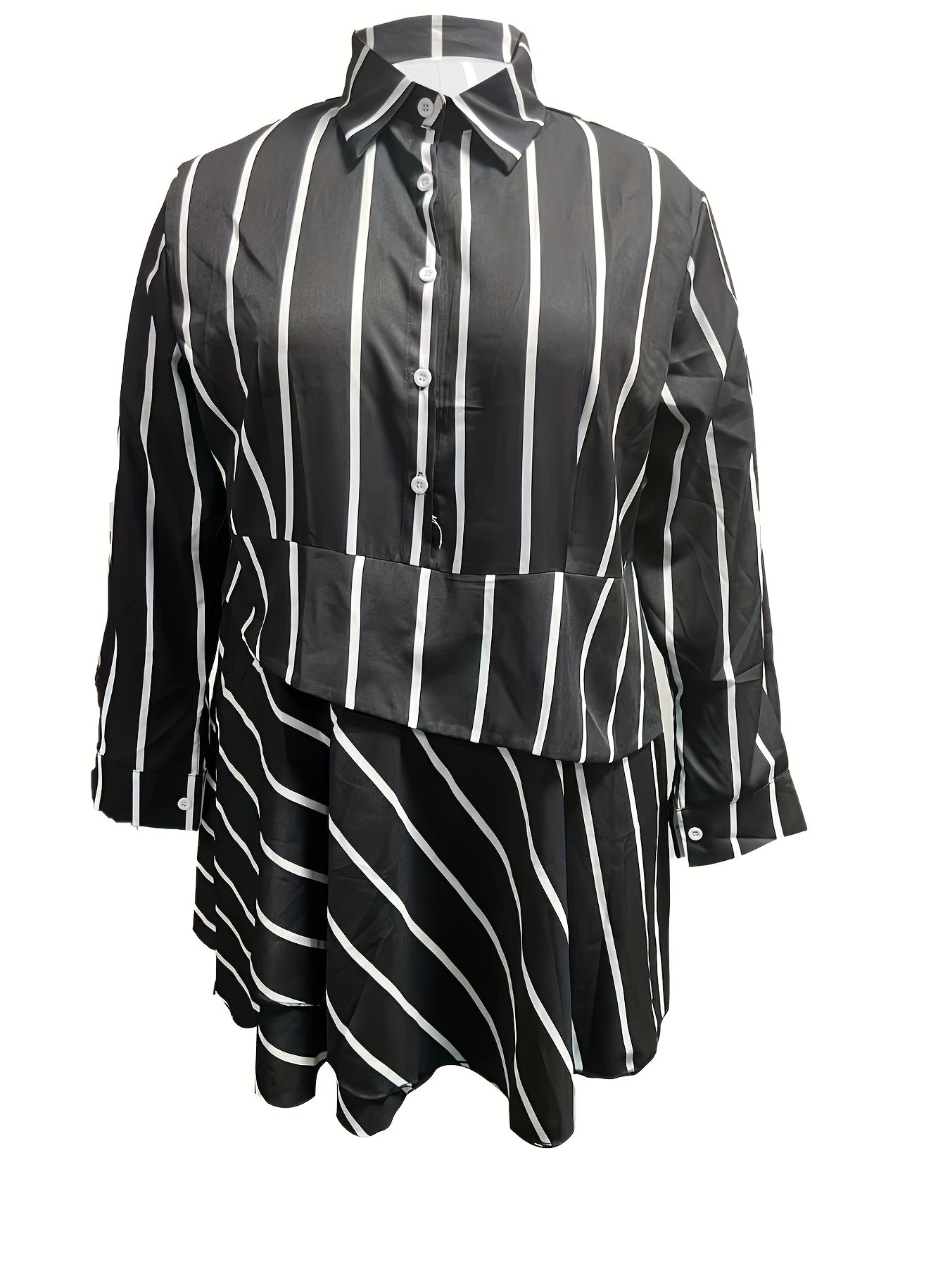 Stripe Print Long Sleeve Button Up Peplum Shirt Top