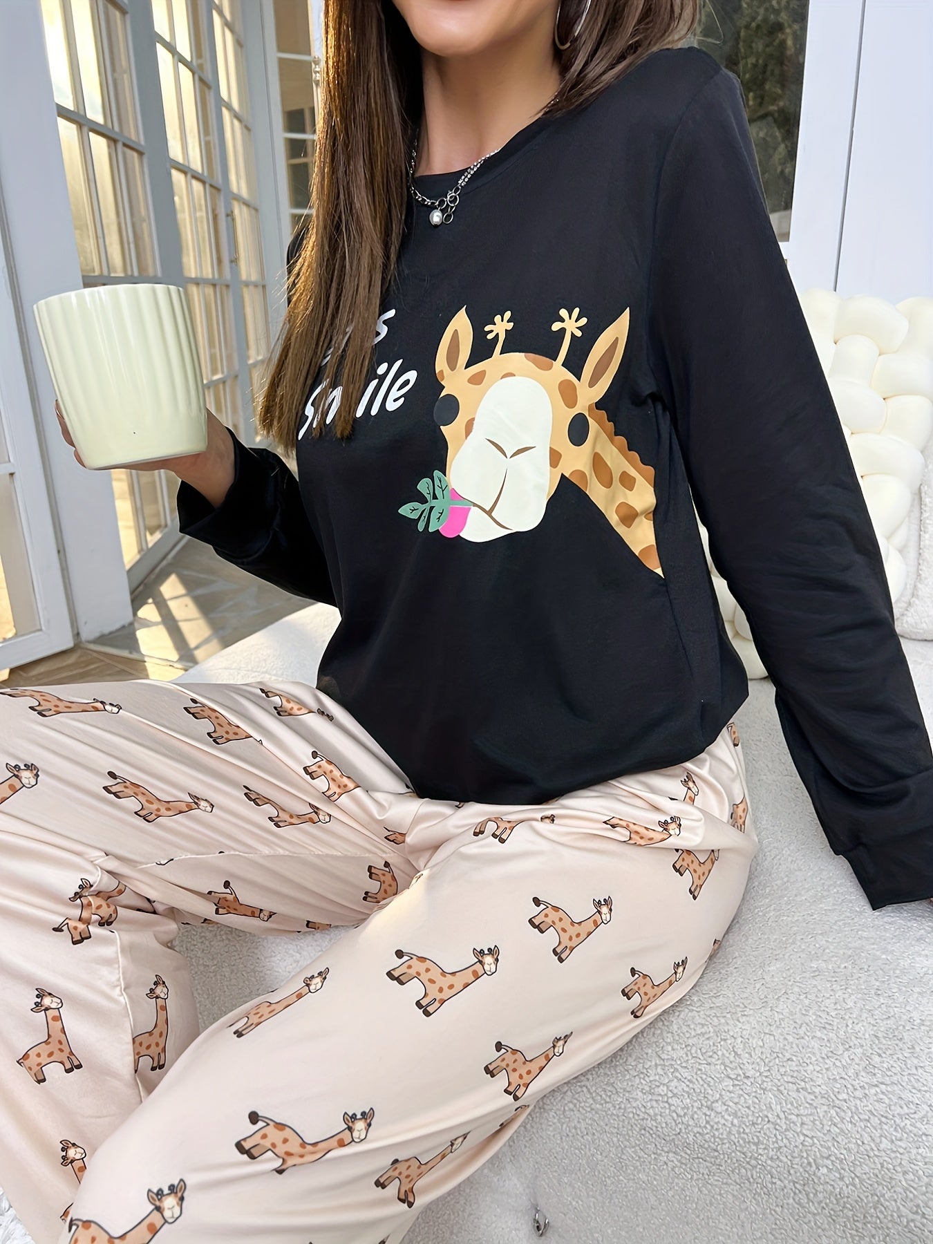 Giraffe Print Pajama Set Long Sleeve Top & Pants