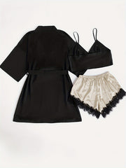 Satin Pajama Set V Neck Robe & Cami Top & Lace Trim Shorts
