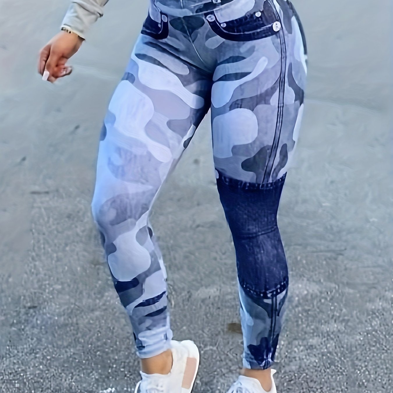 Colorblock Denim & Camo Print High Rise Leggings