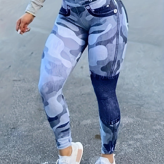 Colorblock Denim & Camo Print High Rise Leggings