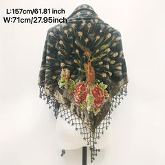 Green Peacock Velvet Shawl Embroidery Beaded Tassel Cape