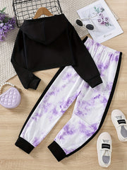 Girls 2pc TROUBLE Letter Hoodie Set Colorblock Tie dye Pants Kids Casual Suit