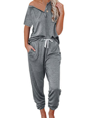Casual Solid 2pc Set Short Sleeve Button T-shirt & Drawstring Pants