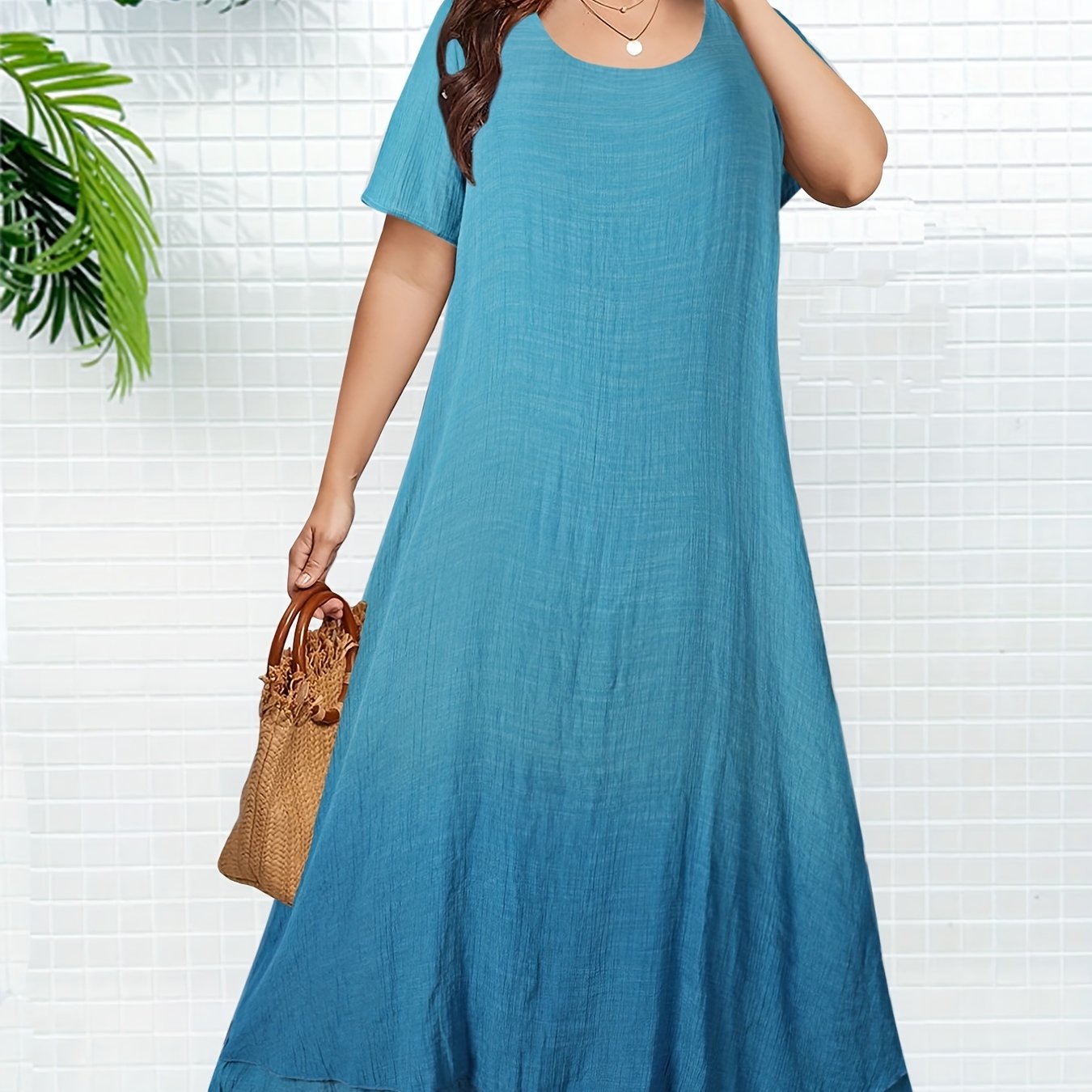 Ombre Print Maxi Dress Women's Boho Short Sleeve Layered