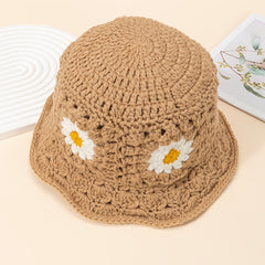 Casual Flower Knit Bucket Cap Khaki Hollow Crochet Fisherman Hat Sun Beach