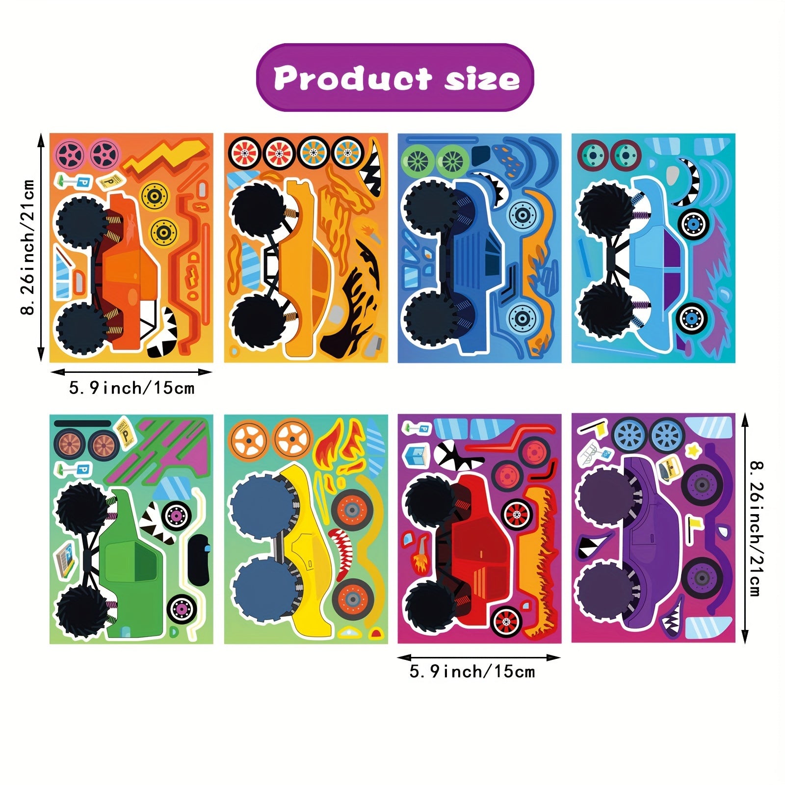 16pcs Monster Truck Stickers - 8 Designs Truck Party Favors for Birthday Party
