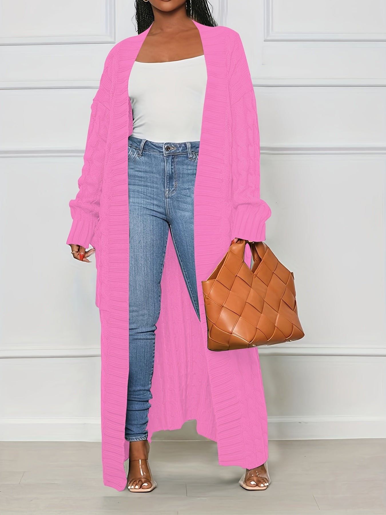 Cable Knit Open Front Longline Cardigan with Pockets