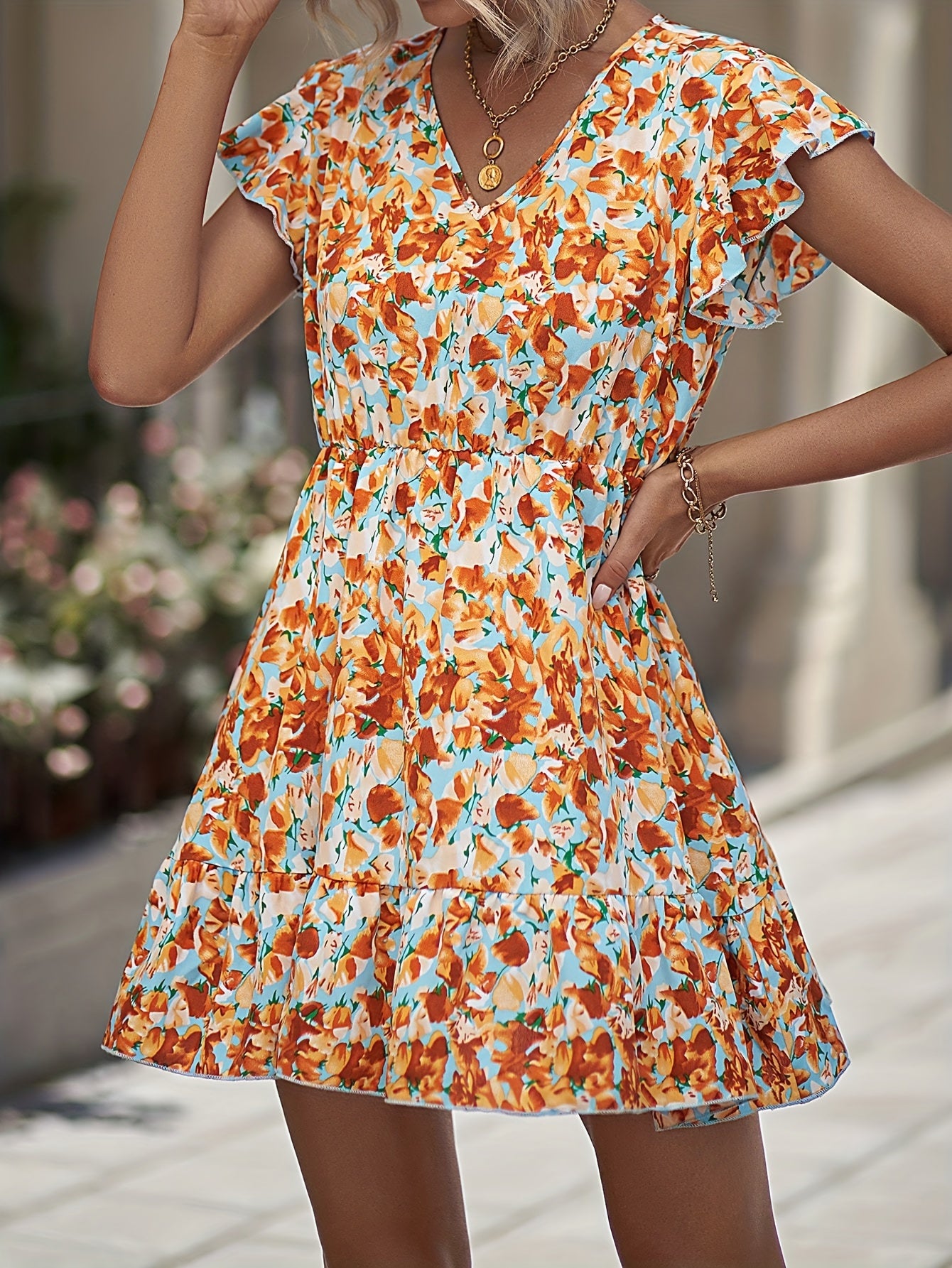 Floral Print Dress Ruffle Trim V Neck Casual Dress
