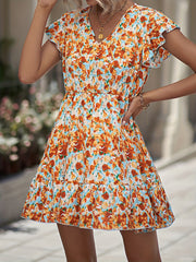 Floral Print Dress Ruffle Trim V Neck Casual Dress