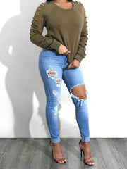 Distressed Skinny Leg Jeans High Waist Elastic Slim Fit Denim Pants