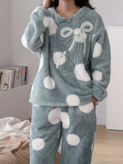 Polka Dot Fuzzy Pajama Set Long Sleeve Crew Neck Top & Elastic Waistband Pants